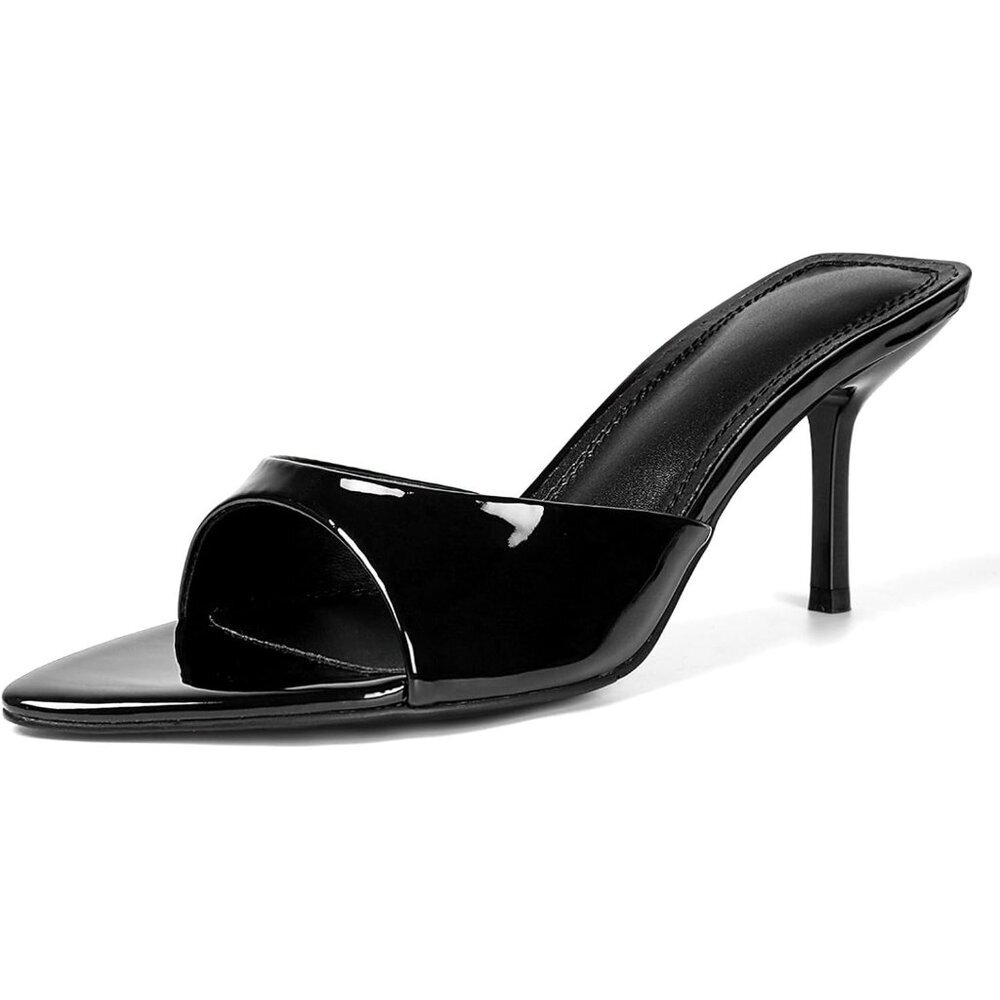 Women's Black Open Toe Kitten Heels Pointed Toe Mule Slip On Elegant Shoes